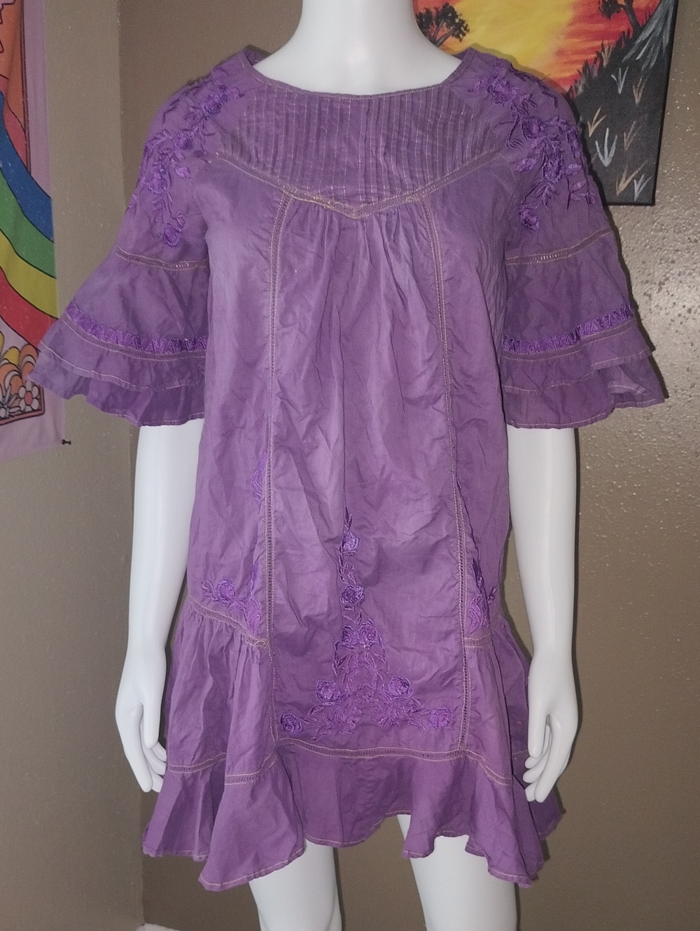Free People Purple Pavlo Floral Embroidered Ruffled Mini Dress Sz S